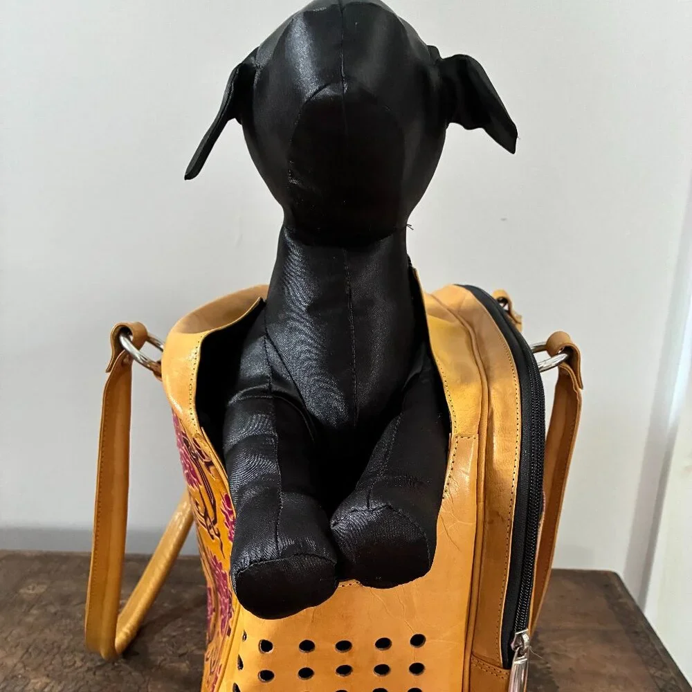 Hand-crafted leather pet carrier by Dharma Dog/Dharma Cat
